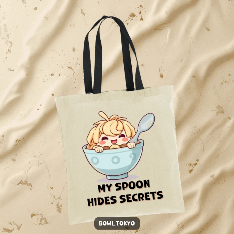 Funny Ramen Bowl Tote Bag with a mischievous character peeking from behind a spoon, adding playful charm.