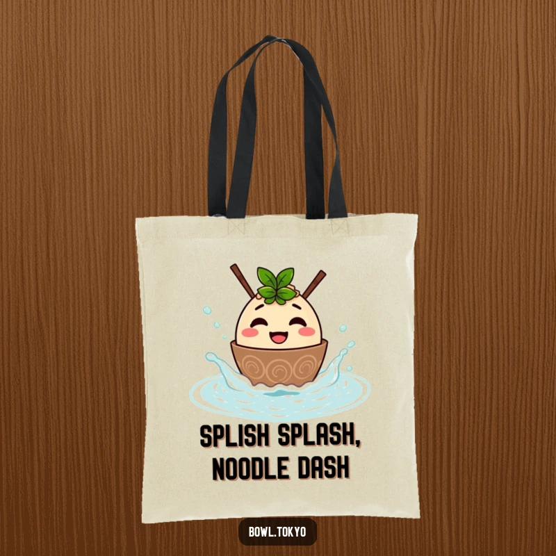 Funny tote bag showcasing a smiling ramen bowl character having fun splashing in a hot spring, practical and humorous.