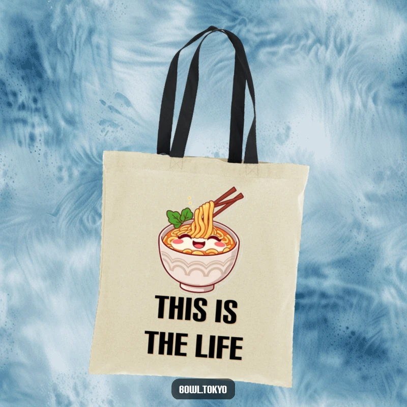 Funny Ramen Tote Bag: A happy ramen bowl character visually displaying a contented sigh.