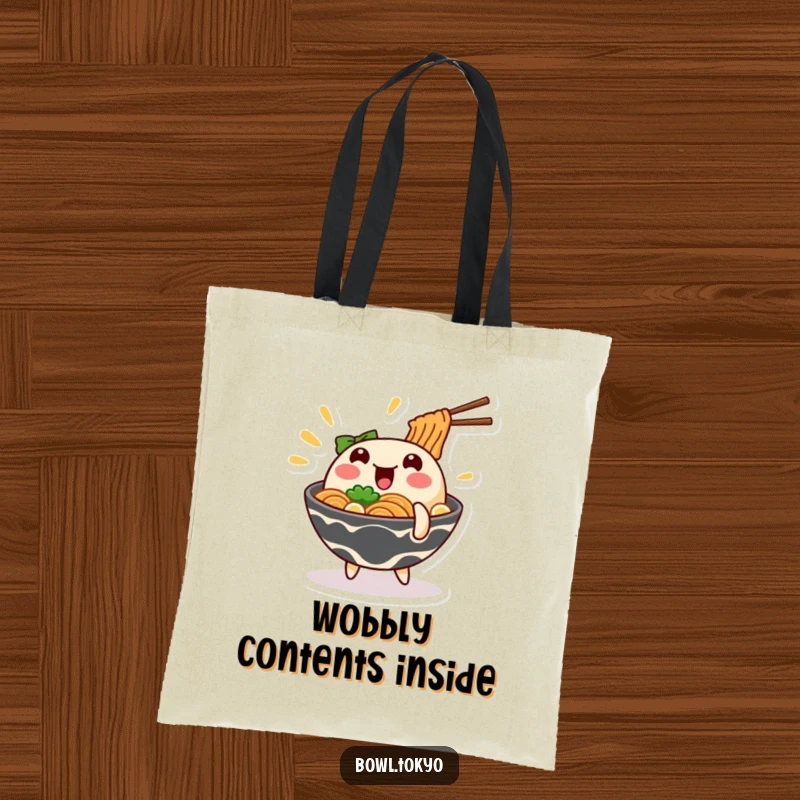 Funny wobbling ramen tote bag depicting a noodle bowl character in a comical wobble, great for shopping.